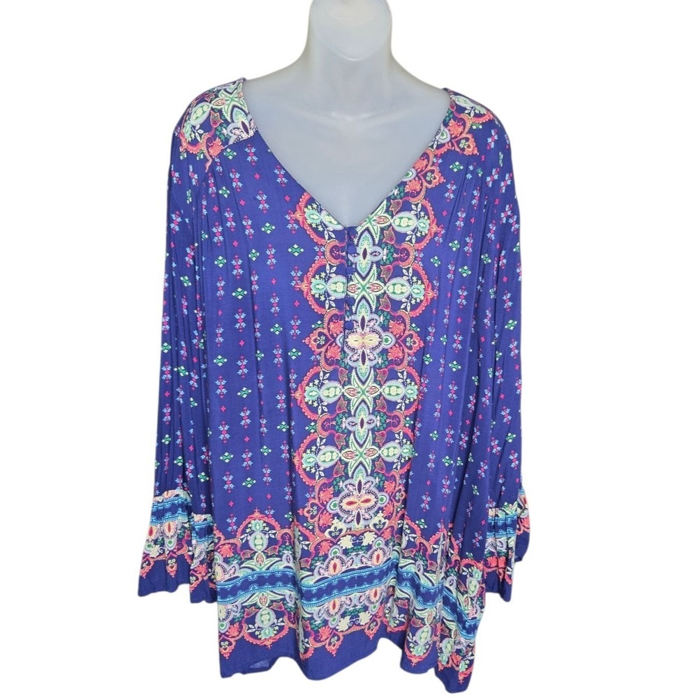 Adrienne Vittadini Womens Boho Indie Paisley Tunic Size 3X Flowy Bell Sleeve
